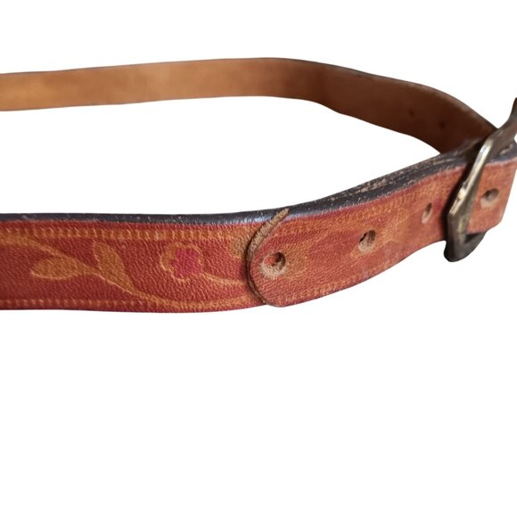 Vintage Hippie Leather Belt 1970's With Brass Buckle 26 27 28 29 Floral Skinny - Picture 3 of 5